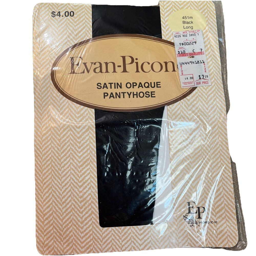 Vtg Evan-Picone Satin Opaque Pantyhose 451M Black Long Size B/C NWT New
